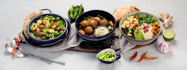 Veganské Pokrmy Sortiment Světlém Pozadí Středomořská Dieta Panorama — Stock fotografie