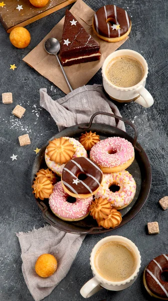 Table Various Cookies Donuts Cakes Coffe Cups Dark Backround Top — Stock Photo, Image