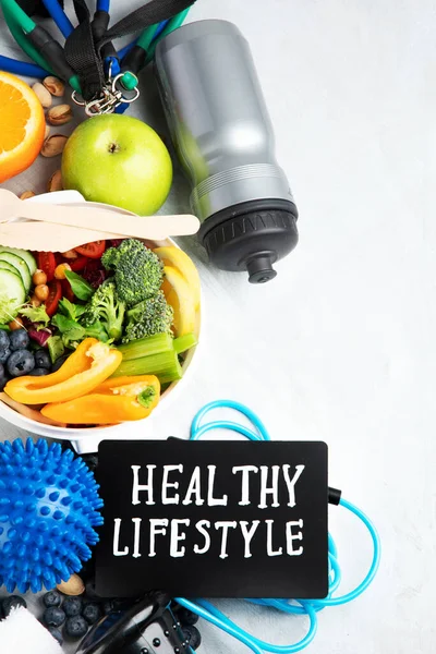 Alimente Sănătoase Echipamente Exerciții Fizice Conceptul Stil Viață Sănătos Plat — Fotografie, imagine de stoc