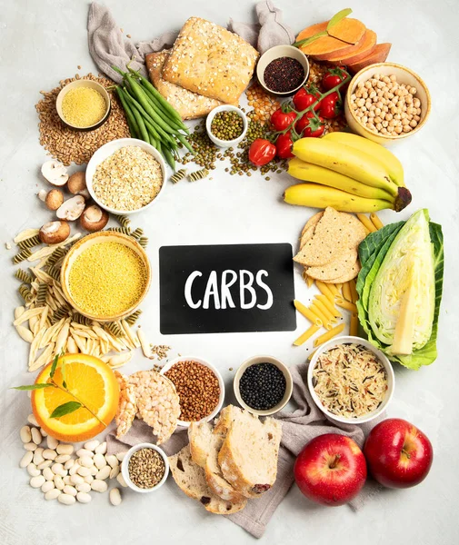 Karbonhidrat Kaynaklarının Seçimi Sebzeler Meyveler Tahıllar Baklagiller Fındıklar Tohumlar Beyaz — Stok fotoğraf