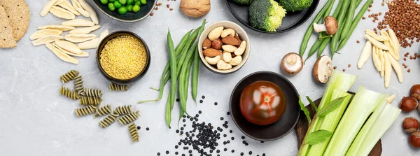 Livsmedelskällor För Växtbaserad Kost Hälsosam Kost Med Baljväxter Torkade Frukter — Stockfoto