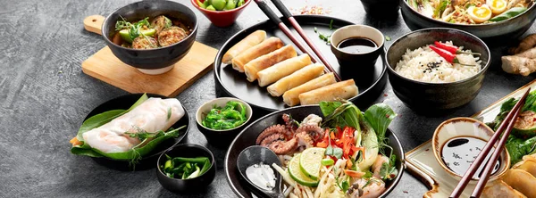 Aziatisch Eten Donkere Achtergrond Panorama — Stockfoto