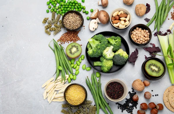 Voedselbronnen Van Plantaardige Voeding Gezond Dieet Met Peulvruchten Gedroogd Fruit — Stockfoto