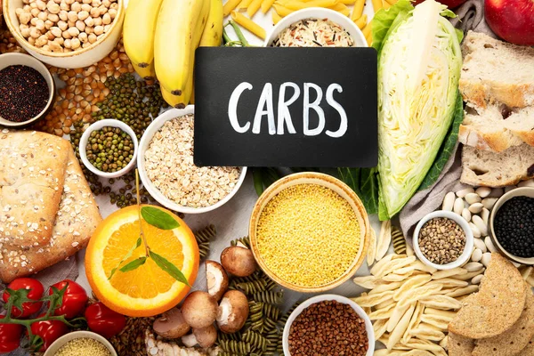 Karbonhidrat Kaynaklarının Seçimi Sebzeler Meyveler Tahıllar Baklagiller Fındıklar Tohumlar Beyaz — Stok fotoğraf