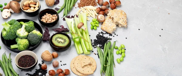 Voedselbronnen Van Plantaardige Voeding Gezond Dieet Met Peulvruchten Gedroogd Fruit — Stockfoto