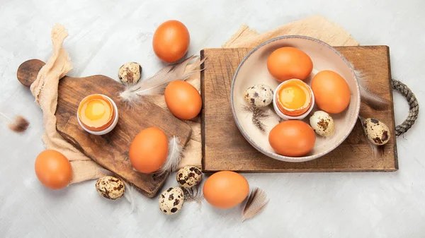 Oeufs Poulet Composition Sur Fond Gris Produits Agricoles Nutrition Naturelle — Photo