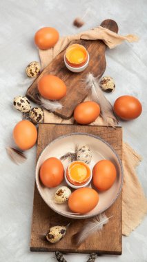 Gri arka planda tavuk yumurtası kompozisyonu. Çiftlik ürünleri ve doğal beslenme. Üst manzara, düz uzanma