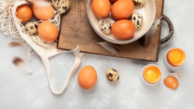 Gri arka planda tavuk yumurtası kompozisyonu. Çiftlik ürünleri ve doğal beslenme. Üst görünüm, düz görünüm, kopyalama alanı