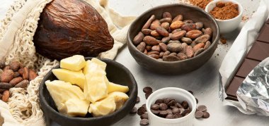 Kakao fasulyesi ve pudra, kakao yağı ve beyaz arka planda doğranmış çikolata..