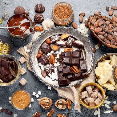 Çikolata, ezilmiş çikolata parçaları, kakao çekirdekleri, kakao yağı, fındık, koyu arkaplan manzarası..