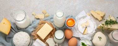 Hafif arka planda yeni günlük ürünleri. Halthy gıda konsepti. Üst görünüm, düz görünüm, kopyalama alanı, panoram