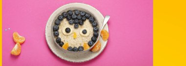 Çocuklar için yulaf ezmesi. Sağlıklı kahvaltı fikri. Eğlenceli bir öğle yemeği. Üst görünüm, düz görünüm, kopyalama alanı, panorama