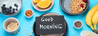 Healthy breakfast on colourfull background. Flatlay with tasty food. Brunch menu. Top view, panorama