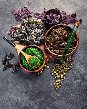 Farkfonda yosun çeşitleri var. Sağlıklı atıştırmalıklar. Üst görünüm, düz görünüm, kopyalama alanı