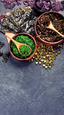 Farkfonda yosun çeşitleri var. Sağlıklı atıştırmalıklar. Üst görünüm, düz görünüm, kopyalama alanı