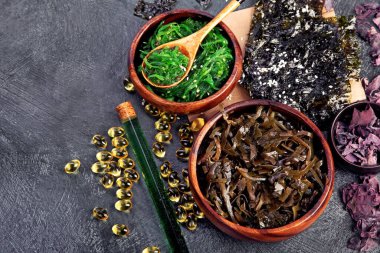 Farkfonda yosun çeşitleri var. Sağlıklı atıştırmalıklar. Üst görünüm, düz görünüm, kopyalama alanı