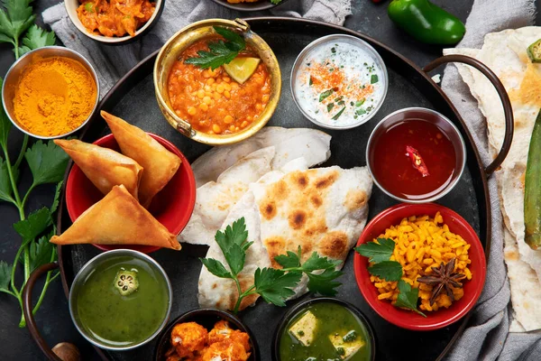 Indian Thali Dark Background Traditional Food Concept Organic Food Concept — 스톡 사진