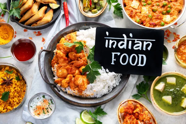 Indian Food Assortment Light Background Traditional Food Concept Dishes Appetisers — Stock Fotó