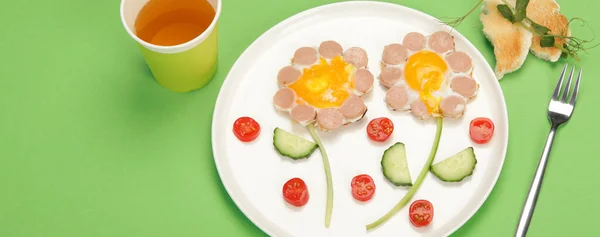 Sunny Side Eggs Sausage Kids Colourfull Background Healthy Breakfast Idea — Photo
