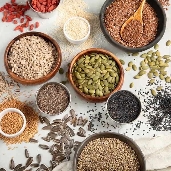 Variedad Semillas Comestibles Sobre Fondo Claro Cereales Granos Concepto Comida —  Fotos de Stock