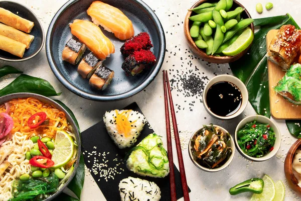 Japanese Food Assortment Light Background Traditional Food Concept Dishes Appetizers — Fotografie, imagine de stoc