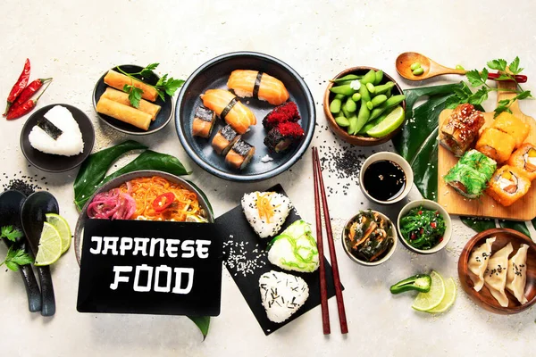 Japanese Food Assortment Light Background Traditional Food Concept Dishes Appetizers — Zdjęcie stockowe