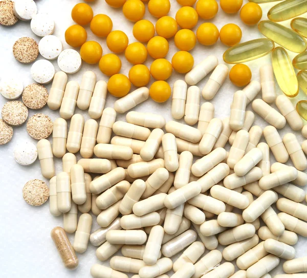 Bunt Gemischte Pharmazeutische Medizin Pillen Tabletten Und Kapseln Vitaminpräparate — Stockfoto