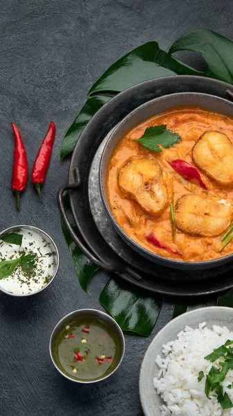 Kerala Fish Curry Dark Background Traditional Food Concept Top View — Fotografia de Stock