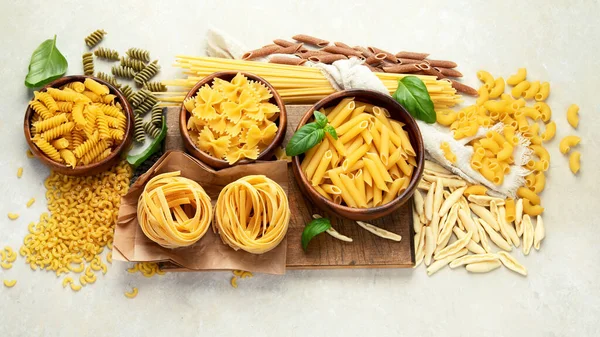 Varietà Pasta Italiana Fondo Chiaro Concetto Cibo Tradizionale Posa Piatta — Foto Stock