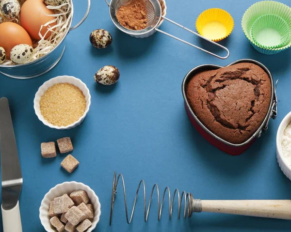 Freshly Baked Cake Blue Background Homemade Food Concept Top View — стоковое фото