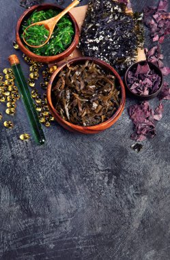 Farkfonda yosun çeşitleri var. Sağlıklı atıştırmalıklar. Üst görünüm, düz görünüm, kopyalama alanı