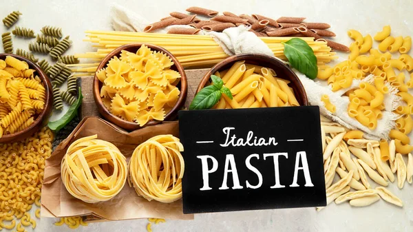 Italian Pasta Variety Light Background Traditional Food Concept Flat Lay — 스톡 사진