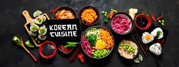Surtido Comida Coreana Sobre Fondo Oscuro Platos Asiáticos Aperitivos Cocina —  Fotos de Stock
