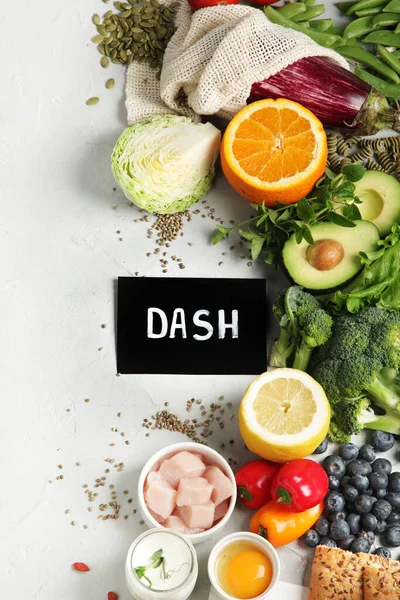 Dash flexitarian mediterranean diet on light background. Healthy food concept. Flat lay, top view, copy space