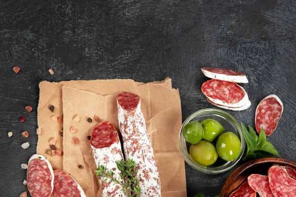 Traditional Spanish Fuet Gray Background Dry Cured Pork Sausages Peculiar — Stock Photo, Image