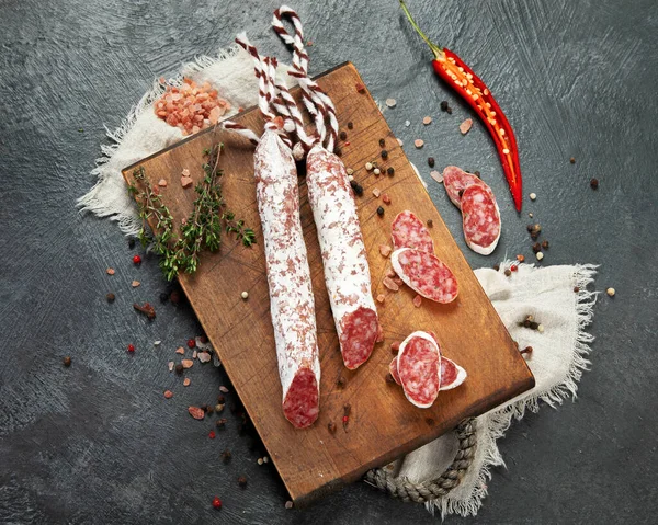 Traditional Spanish Fuet Gray Background Dry Cured Pork Sausages Peculiar — Stock Photo, Image