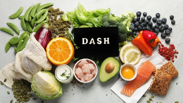Dash flexitarian mediterranean diet on light background. Healthy food concept. Flat lay, top view, copy space