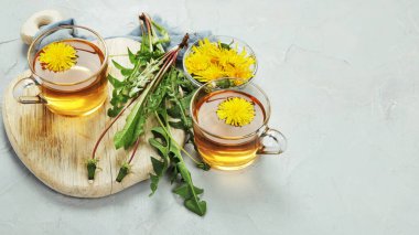 Karahindiba çiçeklerinden yapılmış lezzetli sağlıklı çay. Taze kokulu bitkiler. Boşluğu kopyala 