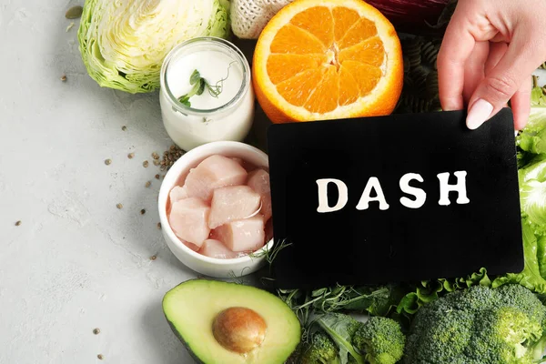 Dash flexitarian mediterranean diet on light background. Healthy food concept. Flat lay, top view, copy space