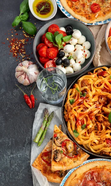 Italian Food Assortment Dark Background Traditional Food Concept Dishes Appetizers — Stock Photo, Image