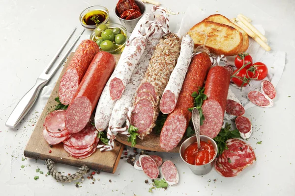 Sausages Salami Assortment Light Background Meat Product Made Finely Chopped — Stock Photo, Image