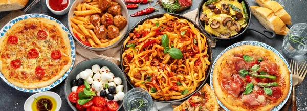 Italian Food Assortment Dark Background Traditional Food Concept Dishes Appetizers — Stock Photo, Image