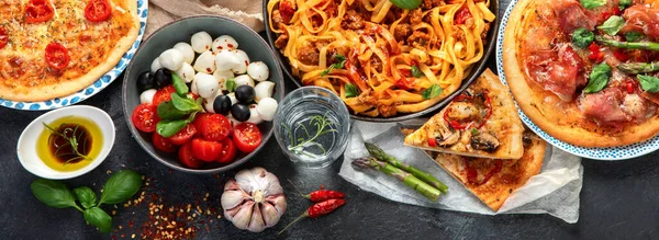 Italian Food Assortment Dark Background Traditional Food Concept Dishes Appetizers — Stock Photo, Image