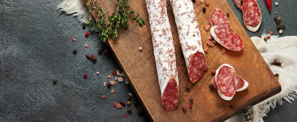 Traditional Spanish Fuet Gray Background Dry Cured Pork Sausages Peculiar — Stock Fotó
