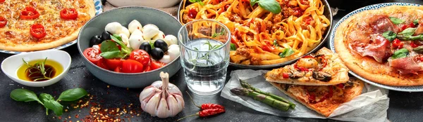 Italian Food Assortment Dark Background Traditional Food Concept Dishes Appetizers — Stock Photo, Image