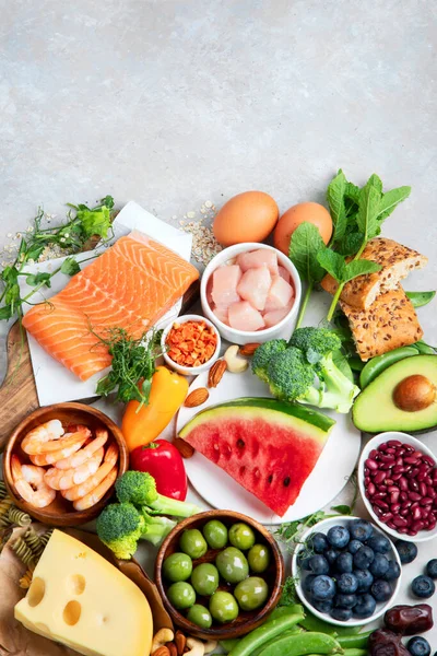 Υγιή Ποικιλία Τροφίμων Ελαφρύ Φόντο Έννοια Διατροφής Πάνω Άποψη Επίπεδη — Φωτογραφία Αρχείου