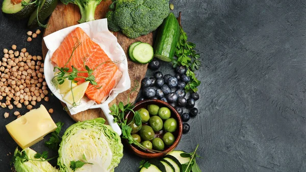 Dash flexitarian mediterranean diet on dark background. Healthy food concept. Flat lay, top view, copy space