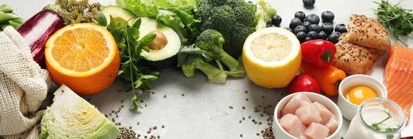 Traço Flexível Dieta Mediterrânea Fundo Claro Conceito Alimentação Saudável Panorama — Fotografia de Stock