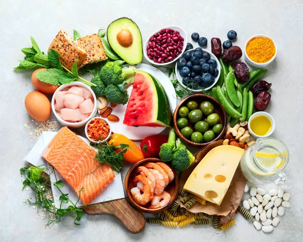 Gezonde Voeding Assortiment Lichte Achtergrond Dieetconcept Bovenaanzicht Vlak Lay — Stockfoto