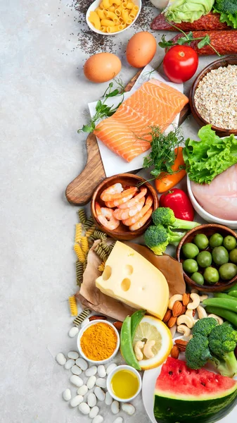 Gezonde Voeding Assortiment Lichte Achtergrond Dieetconcept Bovenaanzicht Flat Lay Kopieerruimte — Stockfoto